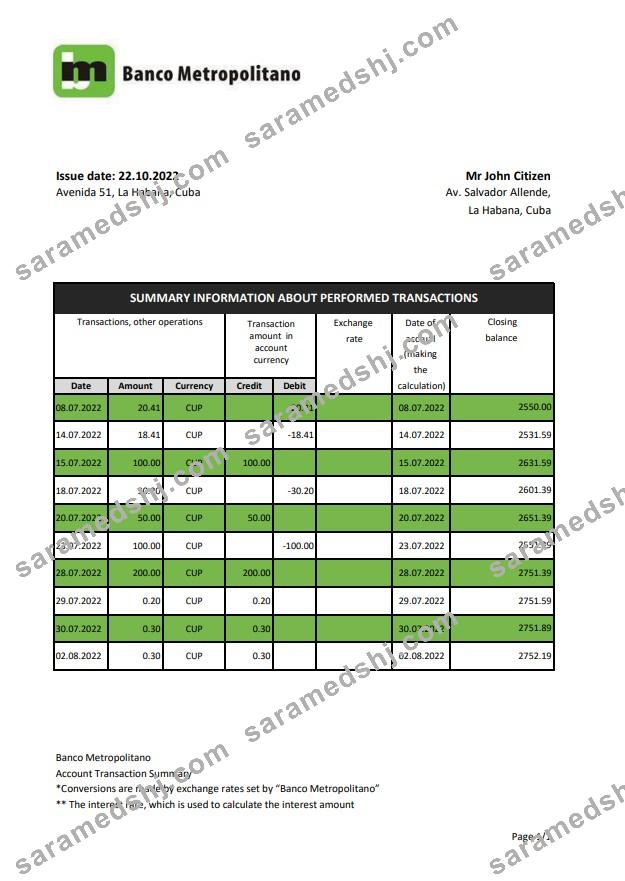 Cuba Banco Metropolitano bank statement xls